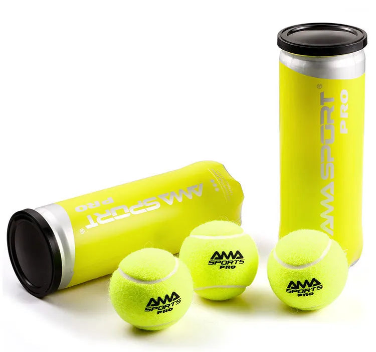 Three cage plate tennis training balls in black, green, and yellow colours