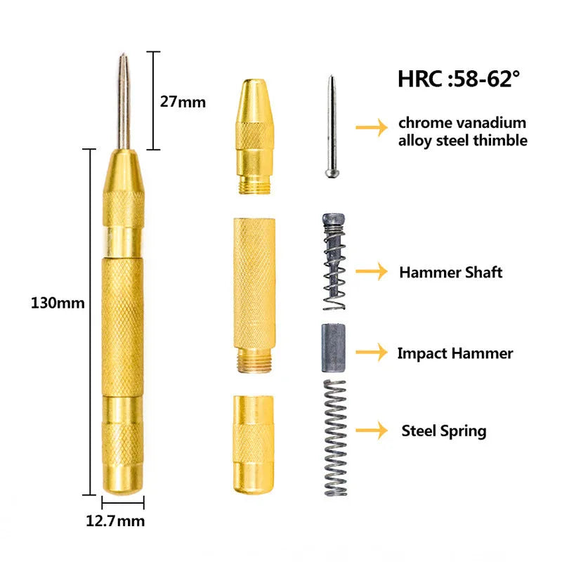High-speed steel step drill bits and a centre punch set on a workbench, showing colour-coded tools.