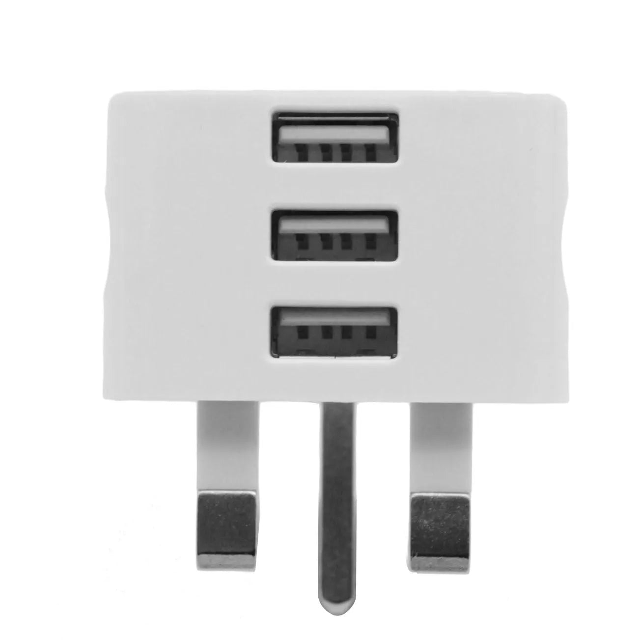 White UK plug USB travel charger with three USB ports, 4.5 cm cube, ABS plastic, for Apple iPhone