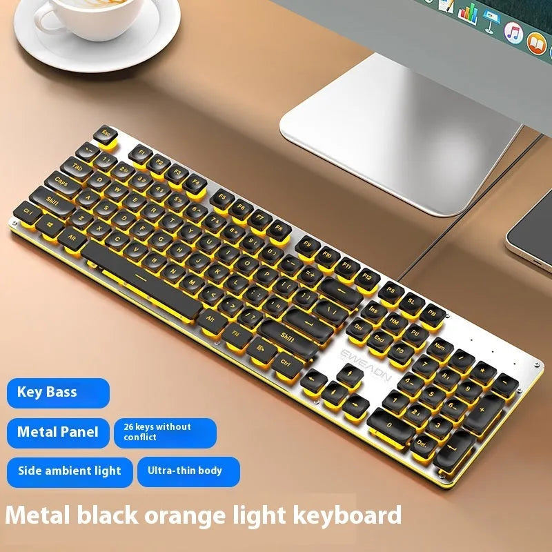 Wired mechanical feeling keyboard with button mute and multiple colour lighting options on desk