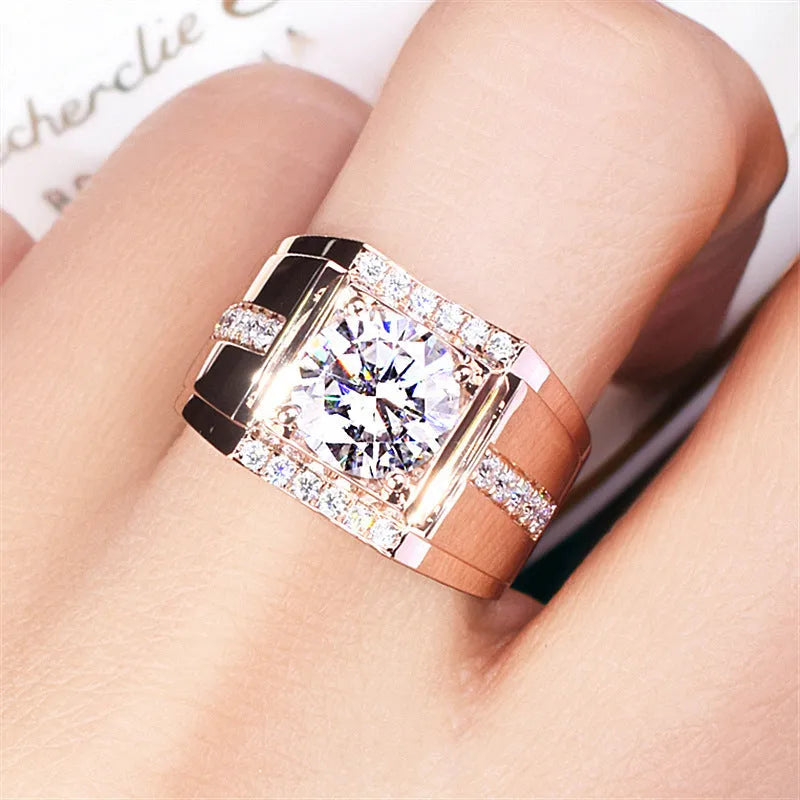 Men's geometric diamond zircon ring with adjustable open mouth in rose gold finish.