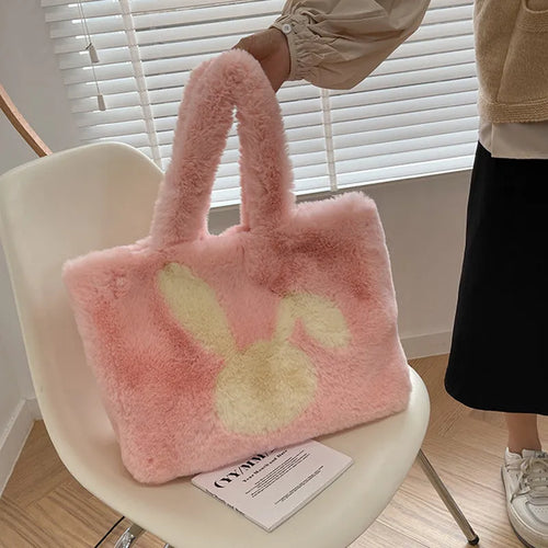 Women's plush tote bag with cartoon rabbit ears design in solid colour