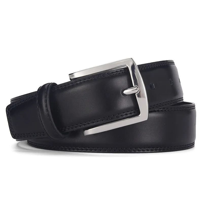 Men's black genuine leather belt with a silver alloy pin buckle shown on a flat surface