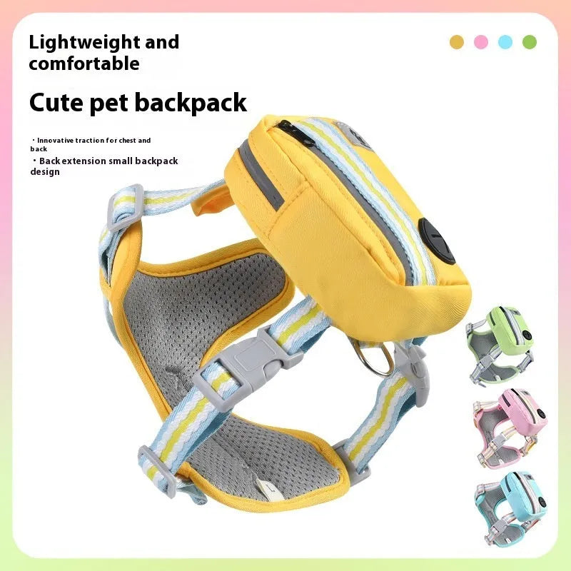 Pink explosion-proof anti-strangulation dog harness with quick-release buckle and attached lead on a dog.