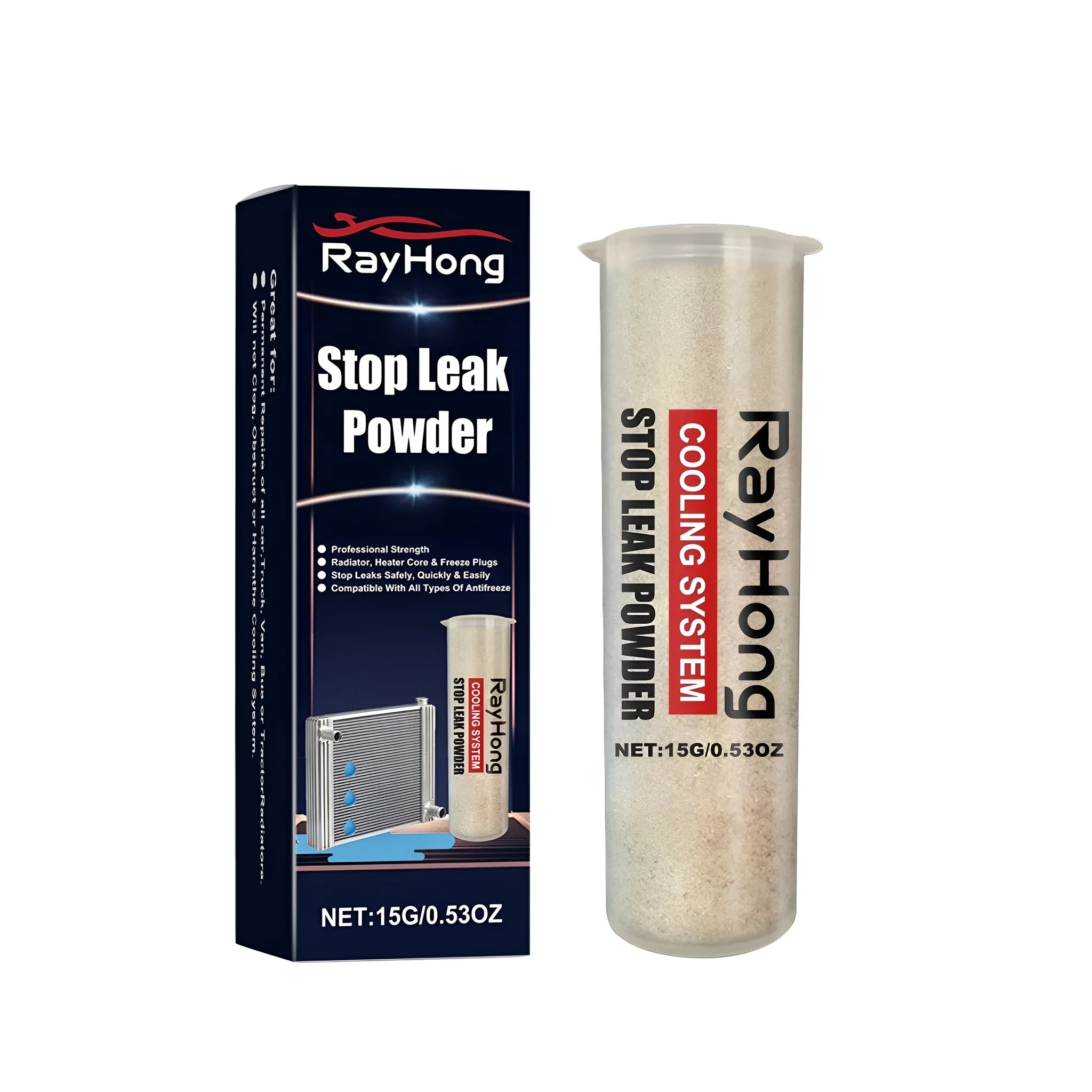 Stop Leak Powder in 2.5x8.8cm PP container with composite powder material