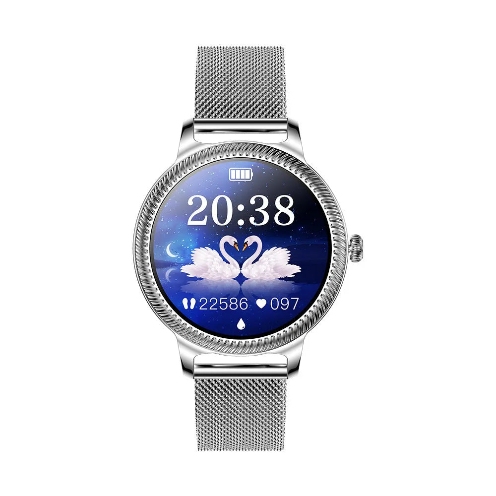 AK38 ladies smart watch with stainless steel band on a wrist, showing its 1.09-inch screen.