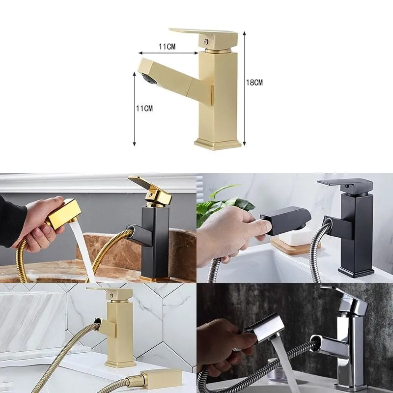 Brushed gold square pull faucet with brass construction and pull-out spout for kitchen sink hot and cold water