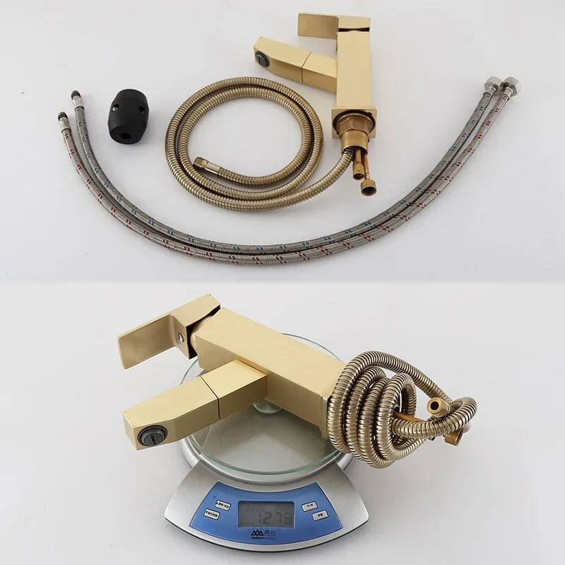 Brushed gold square pull faucet with brass construction and pull-out spout for kitchen sink hot and cold water