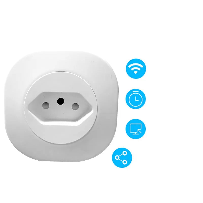 White smart socket plug with Wi-Fi logo, showing EU-style pins and compact 70mm square design.