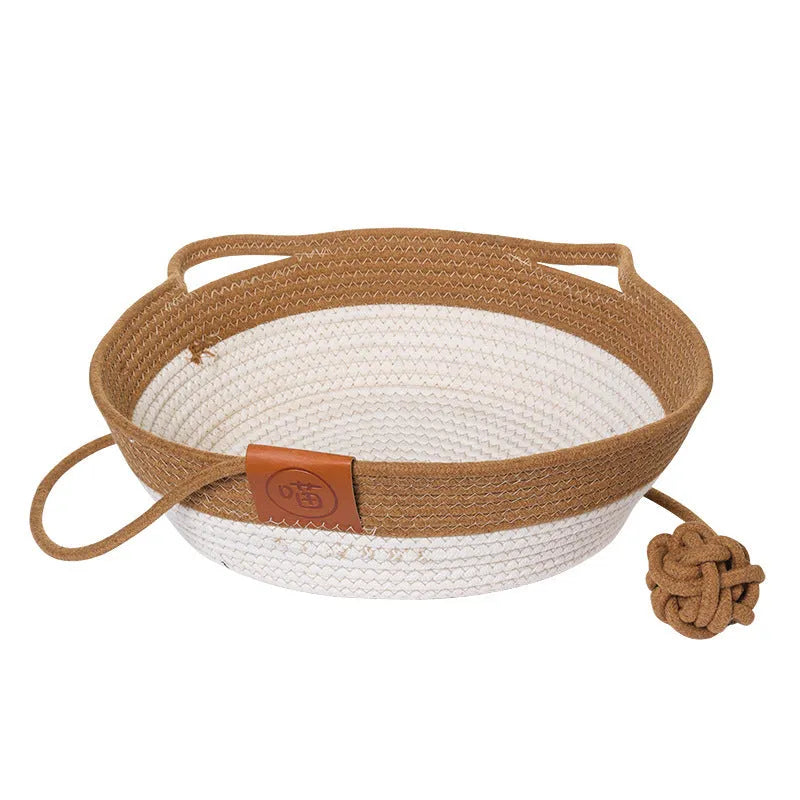 A grey woven cloth cat nest bed with visible cotton string stitching, shown in a medium size.
