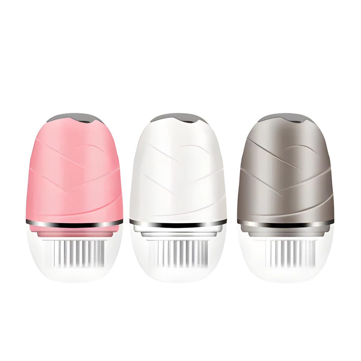 3-in-1 electric facial cleanser with dual speed brush heads and waterproof body in gold, pink, and white