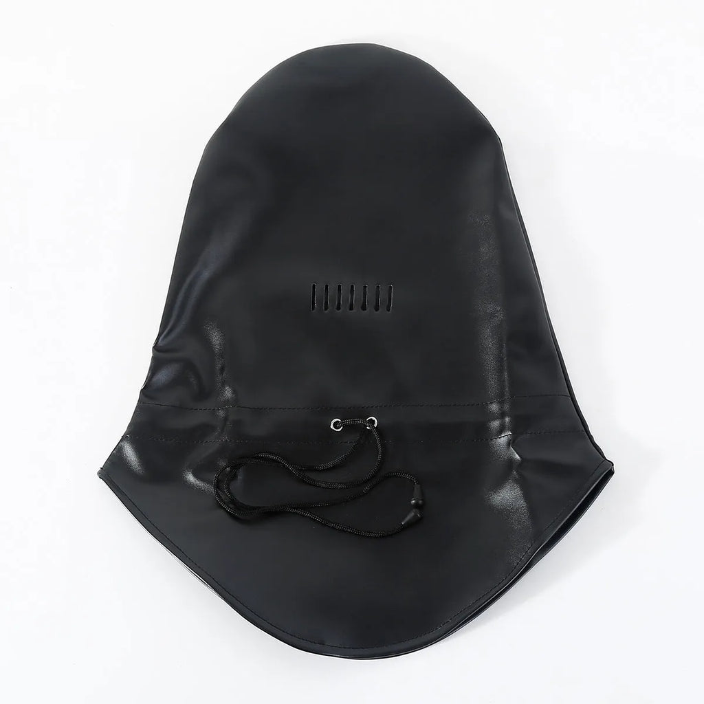 Black PU leather adult roleplay face mask with adjustable straps on a model