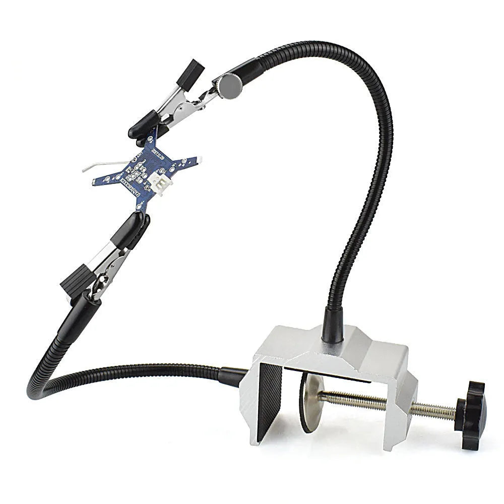 Soldering station LED magnifying glass lamp with 60mm lens, 42 SMD LEDs, aluminium base and gimbal tubes.