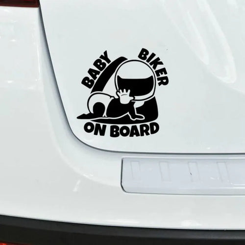 Black and white reflective car sticker with humorous 'Baby On Board' warning text.