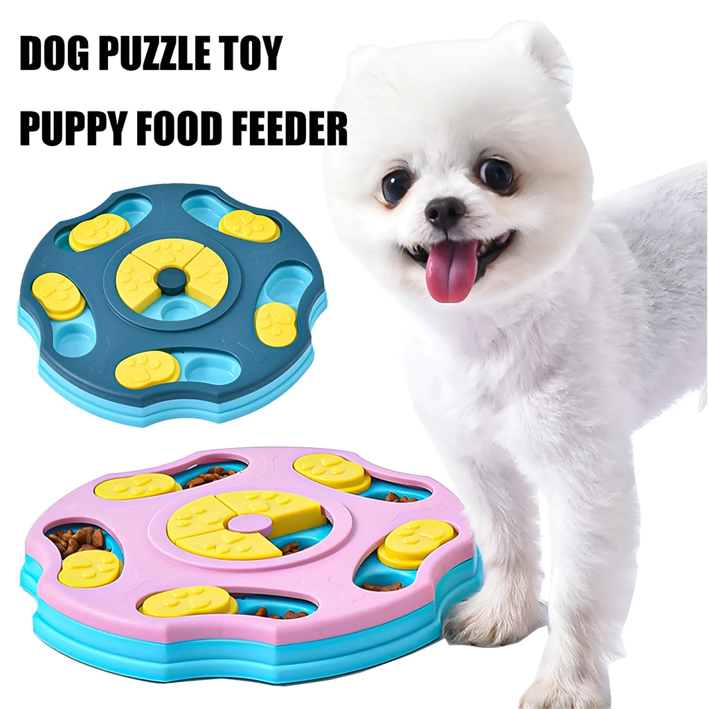Blue dog puzzle feeder bowl with interactive game elements for slowing down fast-eating dogs
