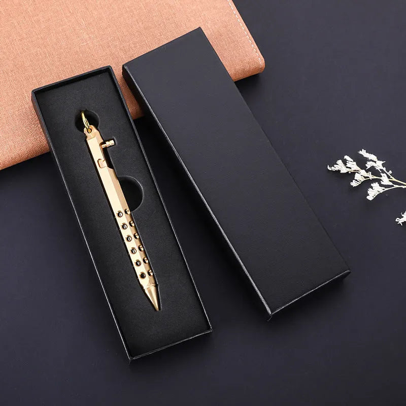 Brass hexagonal bolt action rollerball pen showing six-angle barrel and bolt mechanism