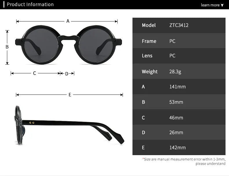Round retro sunglasses C2 Black Frame Double Gray plastic frame UV400 protection