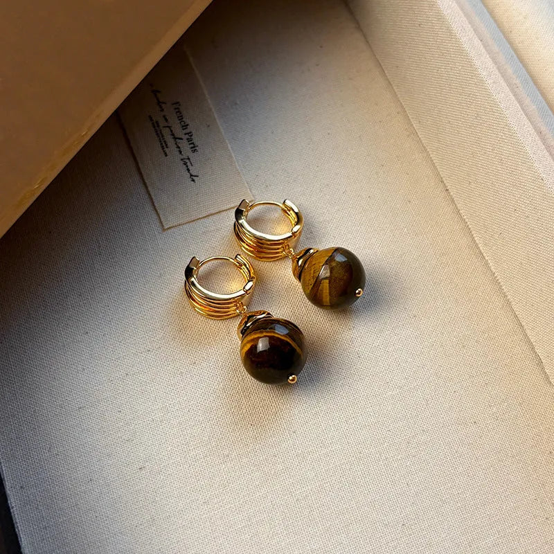 Geometric tigereye earrings with gold plating in brown and black French retro styles