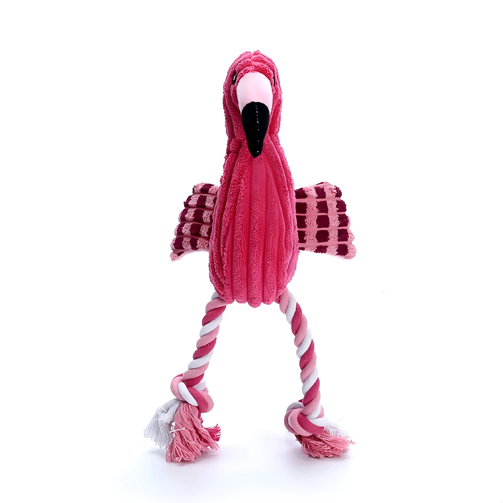 Pink animal-shaped corduroy plush dog toy with a squeaker for small and large dogs.