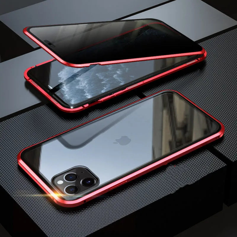 Closed black clamshell privacy case for iPhone showing front screen and sliding camera cover tabs.