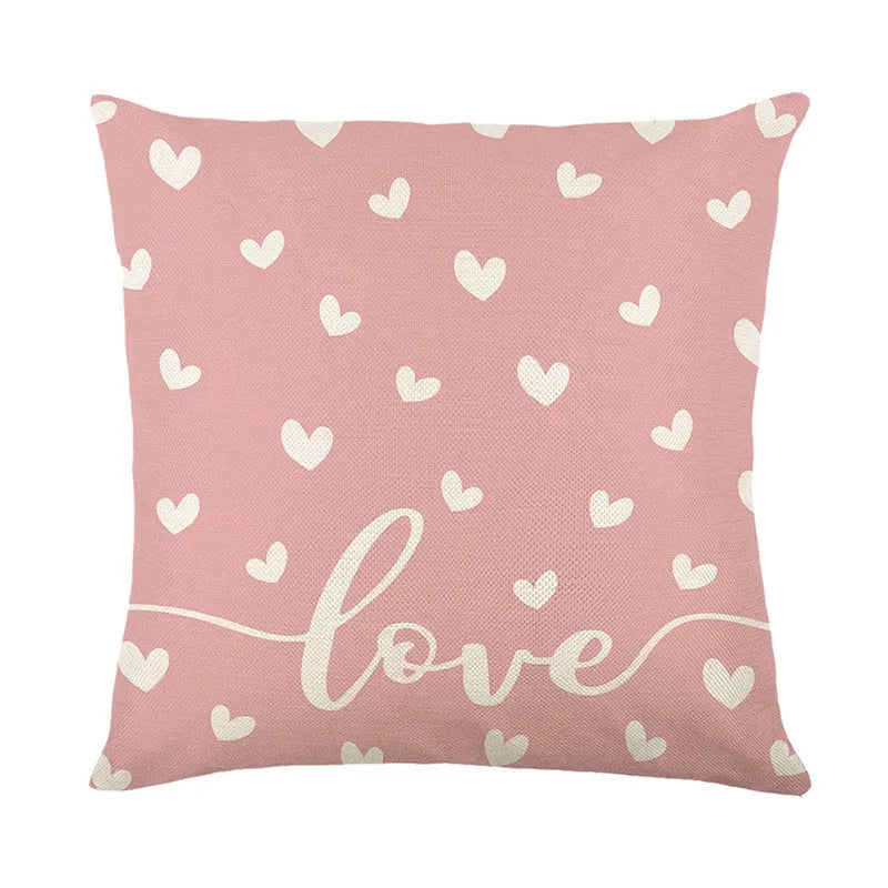 Square plaid and heart print pillow cover on a grey sofa, showing 45cm dimensions.