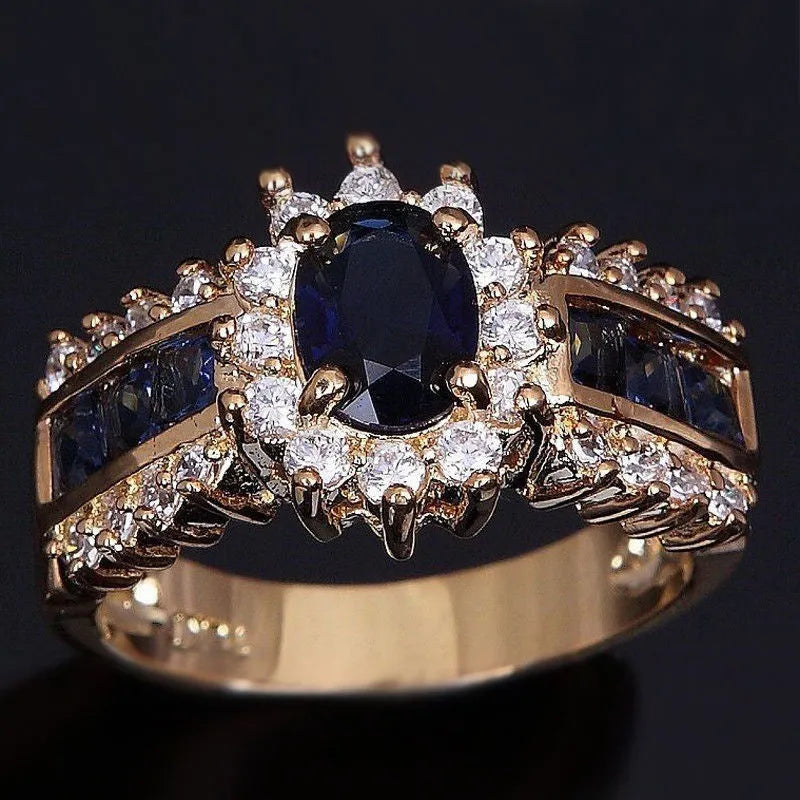 Personalised zinc alloy ring with cubic zirconia stones in sunflower blue, square blue, or square purple designs