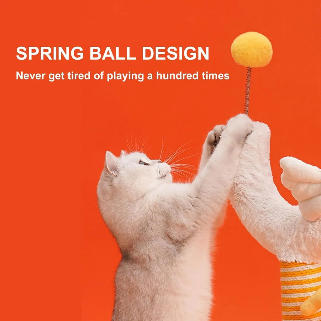 Vertical sisal cat scratching post with chicken strip design and spring ball, 35x35x88cm dimensions