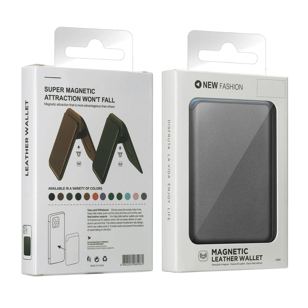 Magsafe magnetic card holder folding bracket in embossed imitation leather, 9.3 x 6.3 x 0.9 cm, shown in black
