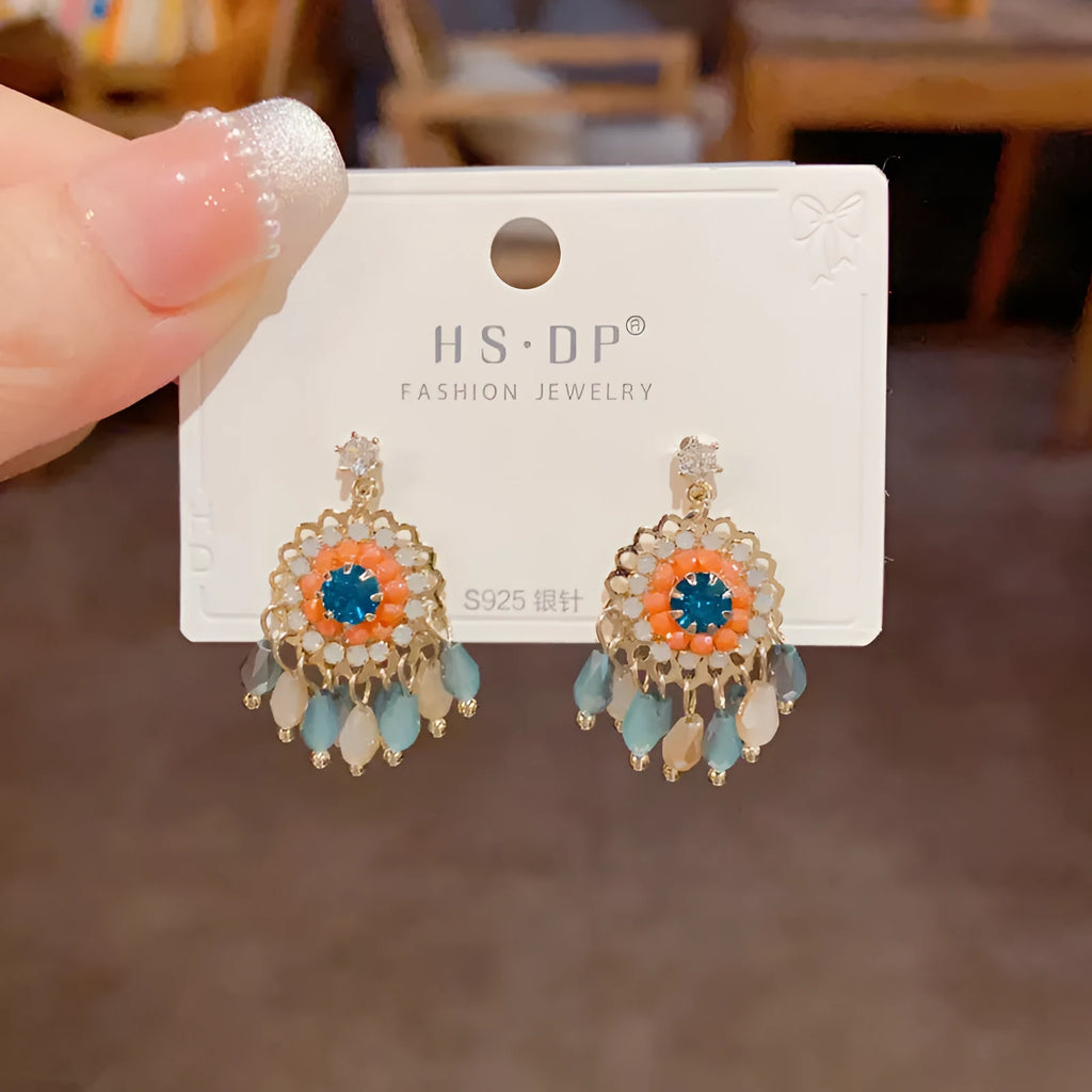 Purple and blue diamond embedded round crystal tassel earrings with thick gold plated copper geometry design