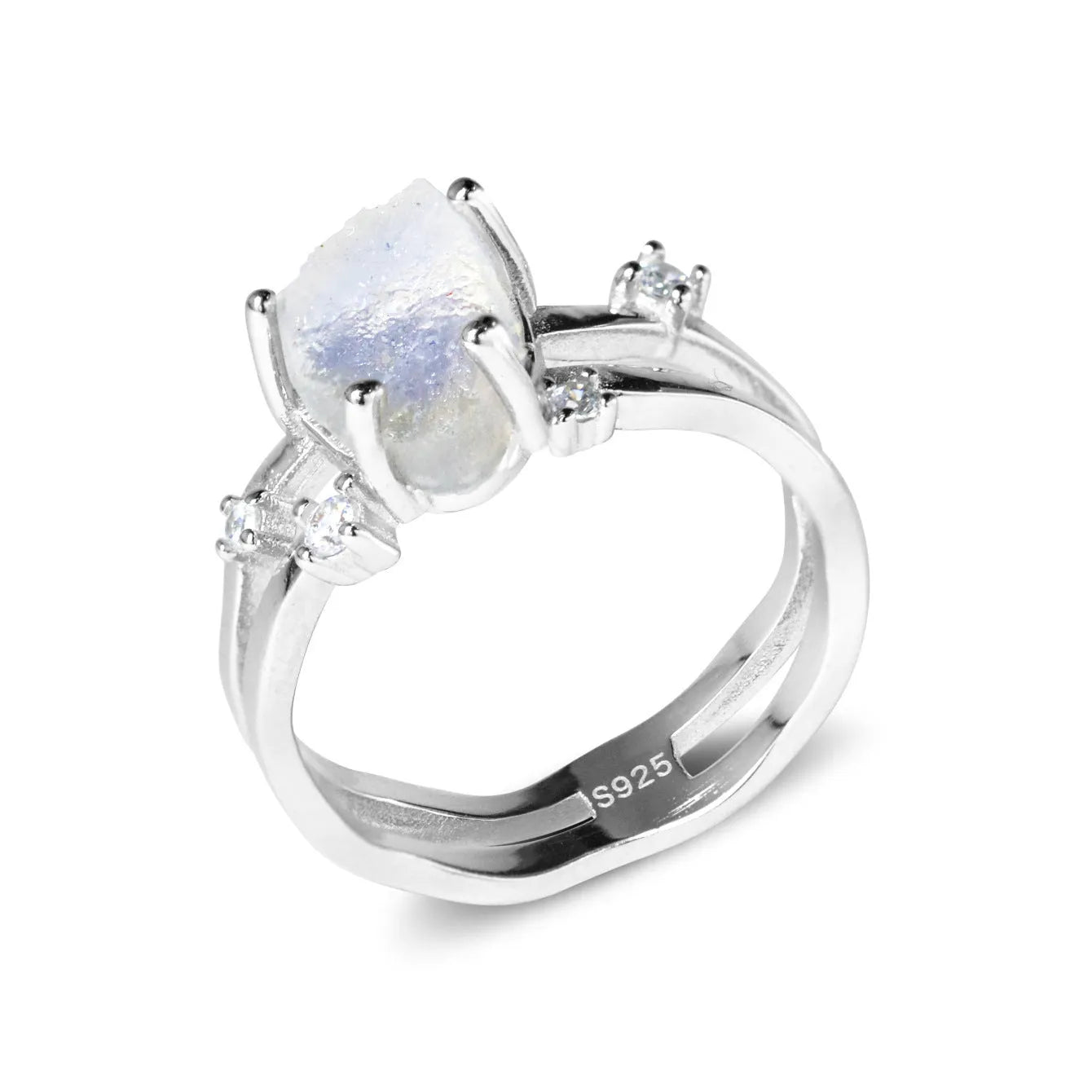 S925 sterling silver irregular triangle moonstone ring in rose gold, white gold, or yellow gold plating.