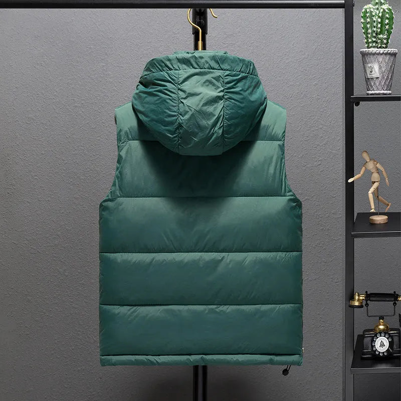 Men's black polyester vest jacket with zip front, regular length 50cm, shown on a hanger.