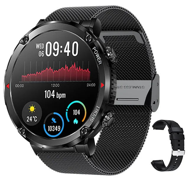 T30 Smart Watch with black dial on a silicone strap showing Bluetooth calling and health metrics on its screen.