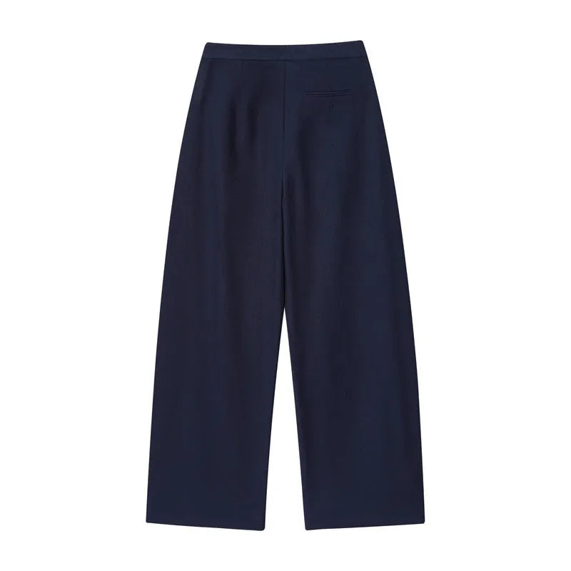 Women's linen-style shirt with flounced sleeves and matching wide-leg trousers co-ord set.