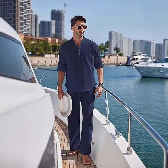 Men's solid colour cotton casual suit with long sleeve top and trousers in beige, black, green, navy, sky blue or white