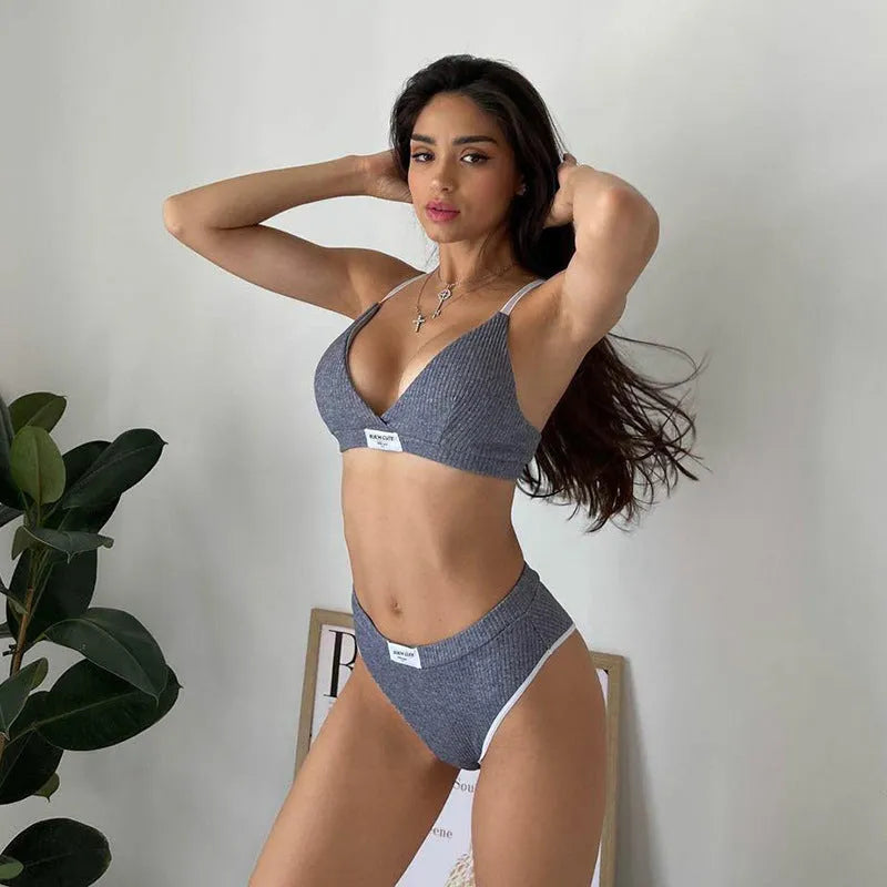 Women's embroidery contrast colour binding letters bikini set with sleeveless shorts design in polyester fabric
