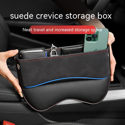 Black PU leather car seat storage box placed on a vehicle seat.