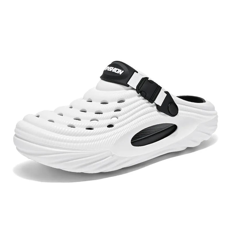 Men's casual platform slippers in white, black, or light green with hollow out EVA upper and slip-on design.