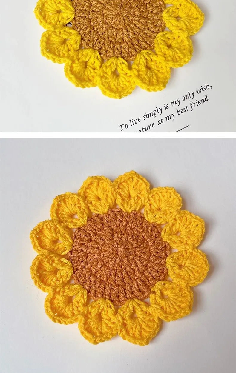 Hand-woven wool flower coaster set showing textured surface and floral pattern
