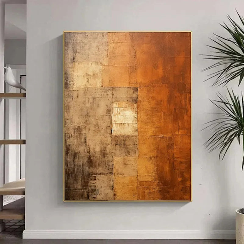 Orange and brown abstract hand-painted oil painting on canvas, vertical orientation, no frame, suitable for living room wall decor