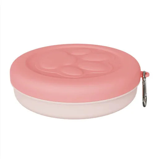 Collapsible portable dog bowl in light pink and green colour options showing folded and unfolded positions