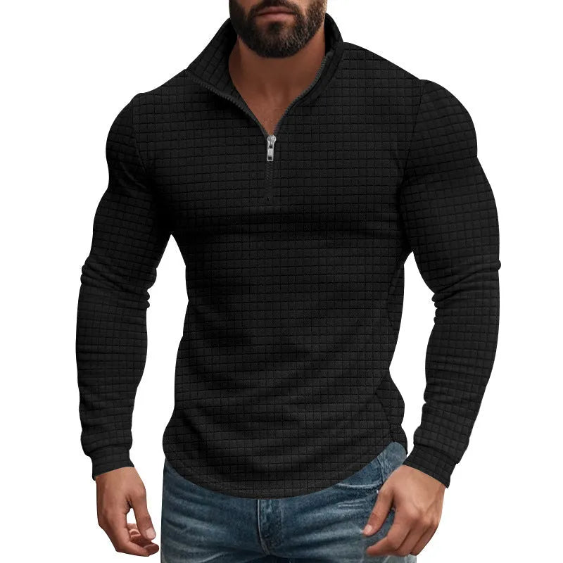 Half zipper small plaid casual stand collar long sleeve sweater in army green on white background