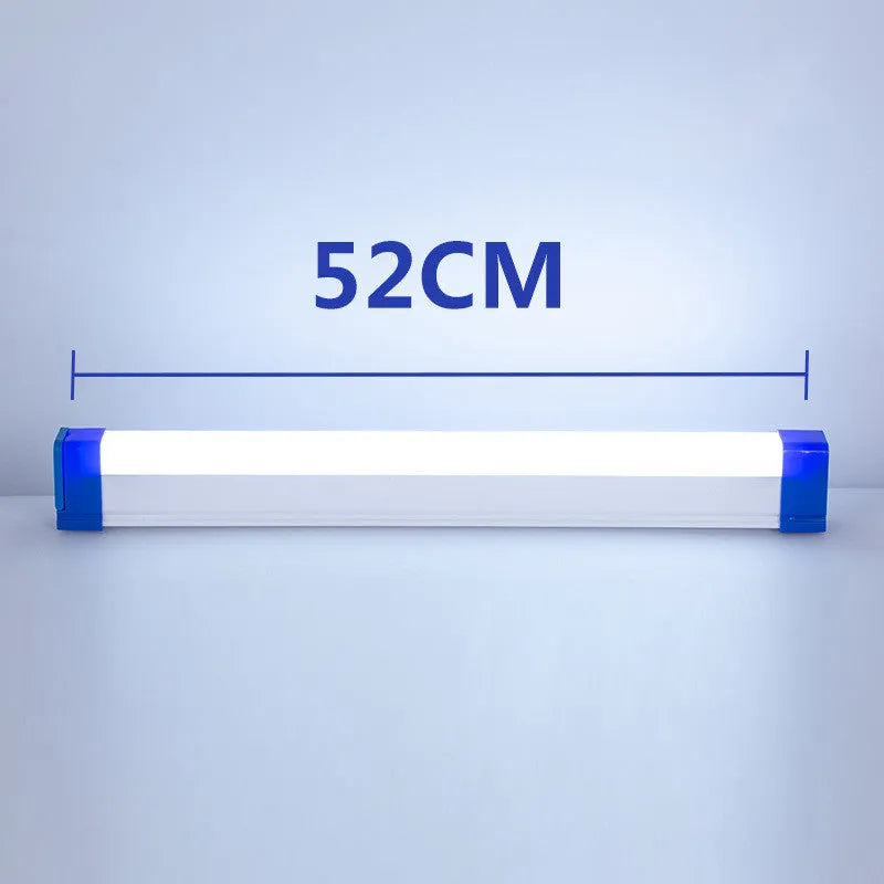 Rechargeable dimmable LED tube light in blue or purple colour showing 17cm, 32cm, and 52cm size options.