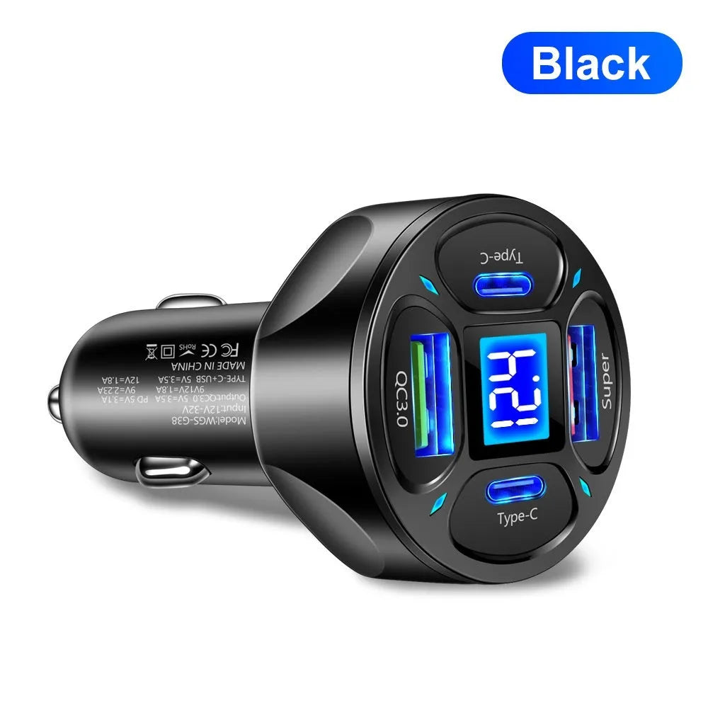 Black 66W digital display car charger with two USB ports and two Type-C ports