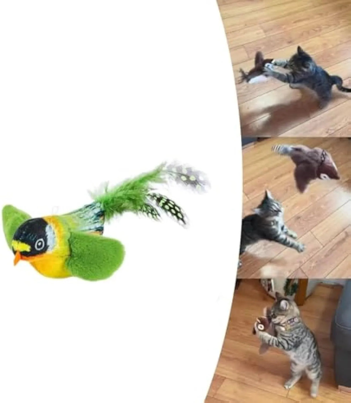 Flappy Chase cat toy with flapping wings and chirping sparrow simulation in Blue, Grey, or Green