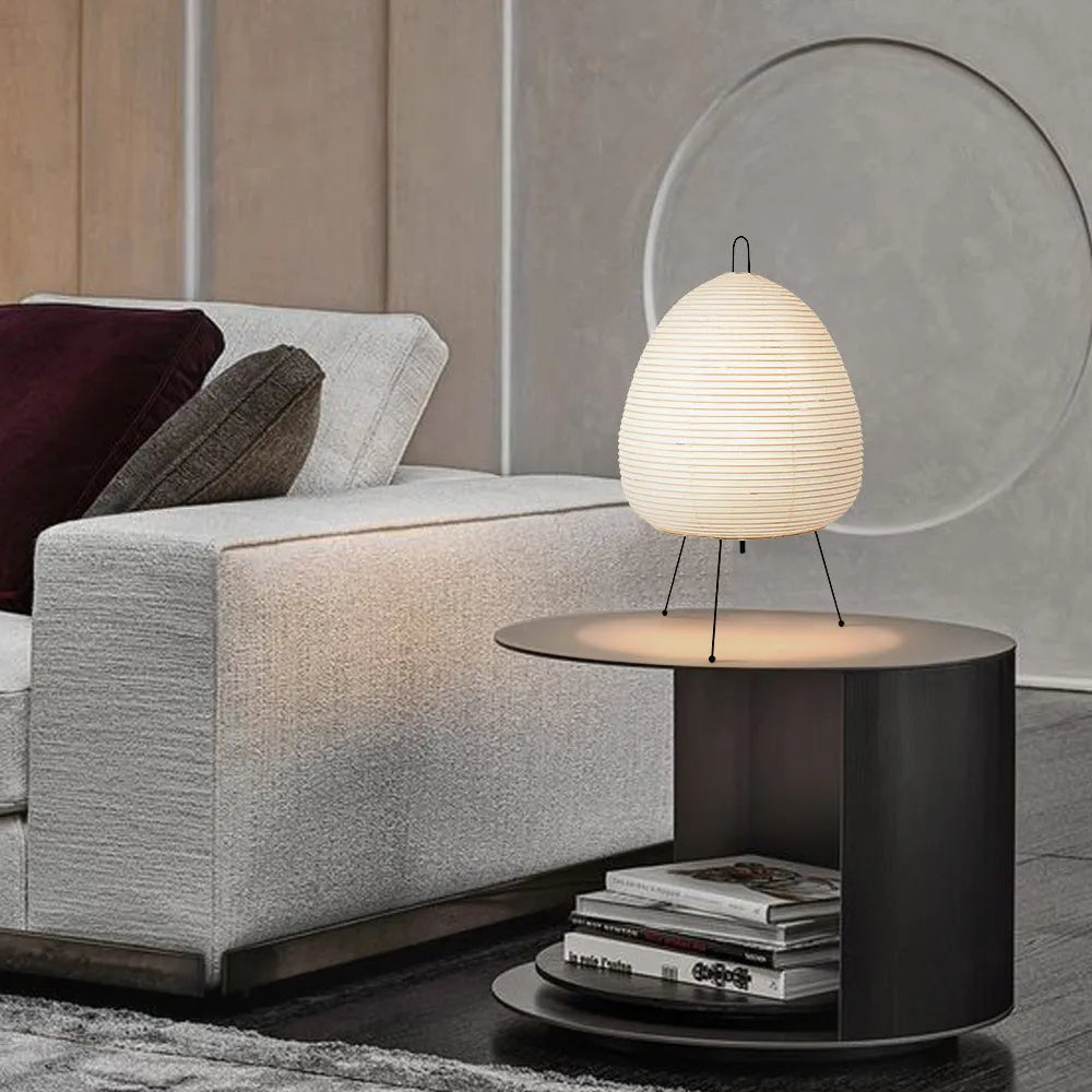 Japanese style rice paper table lamp with aluminium base and handmade shade showing three-tone dimming controls