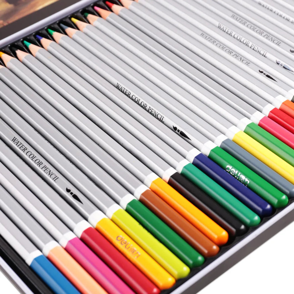 Water soluble coloured pencils in 24, 36, 48 and 72 colour sets with metal shell and carton or iron box