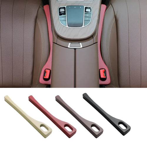 Polyurethane car seat gap filler strip in black colour, shown next to a vehicle centre console.