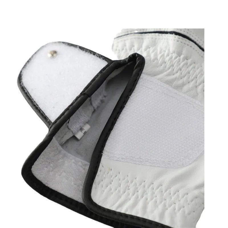 White half sheepskin men's golf glove showing non-slip palm detail.