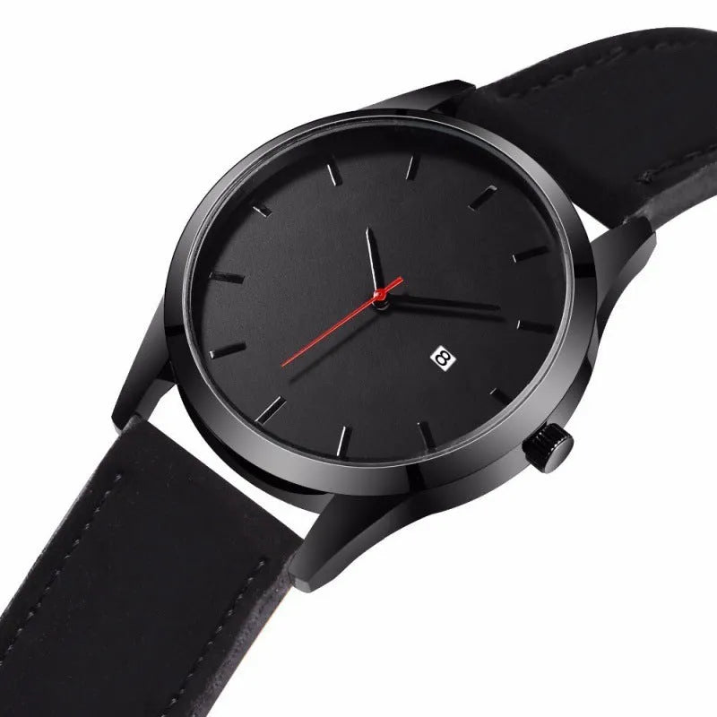 Casual quartz watch with 42mm dial, matte leather strap, calendar display, black dial, spiral crown