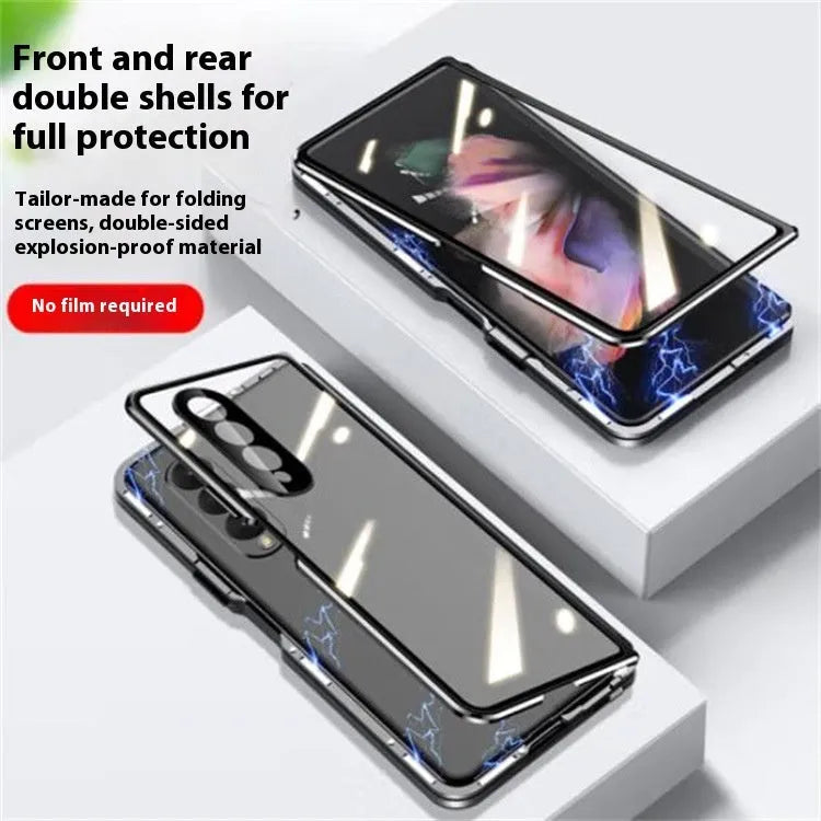 Samsung Z Fold magnetic suction glass phone case in transparent mirror finish with metal body and anti-fingerprint surface.